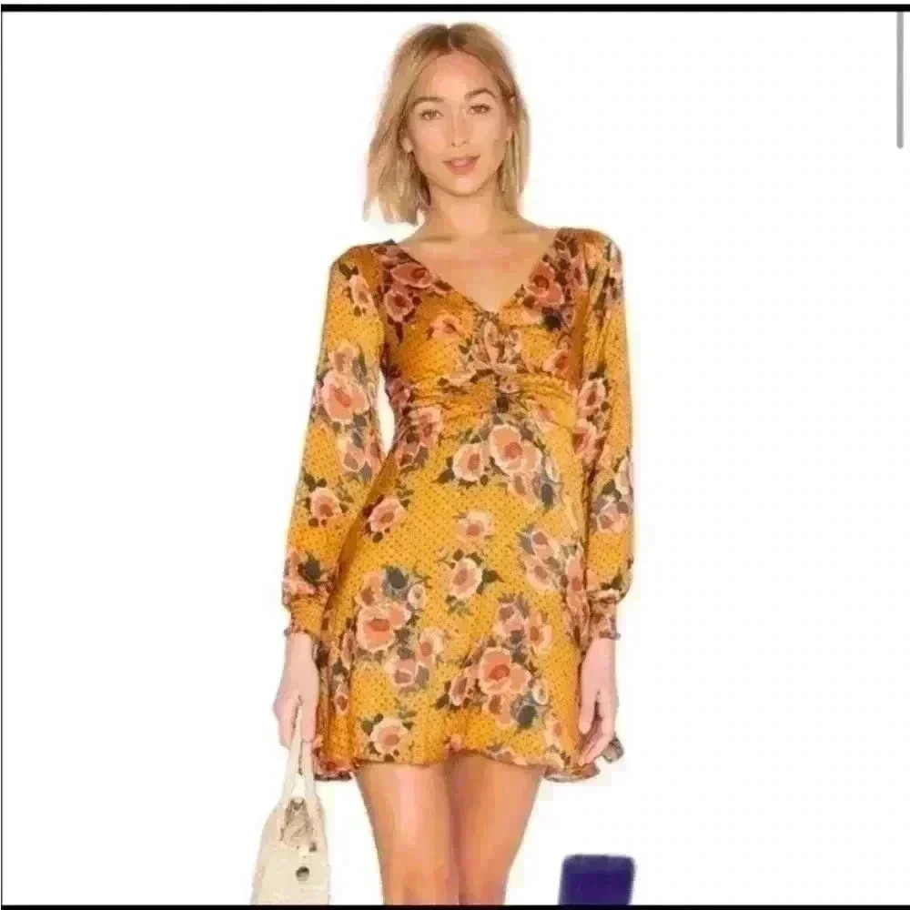 Free People Mustard Floral Long Sleeve Mini Dress